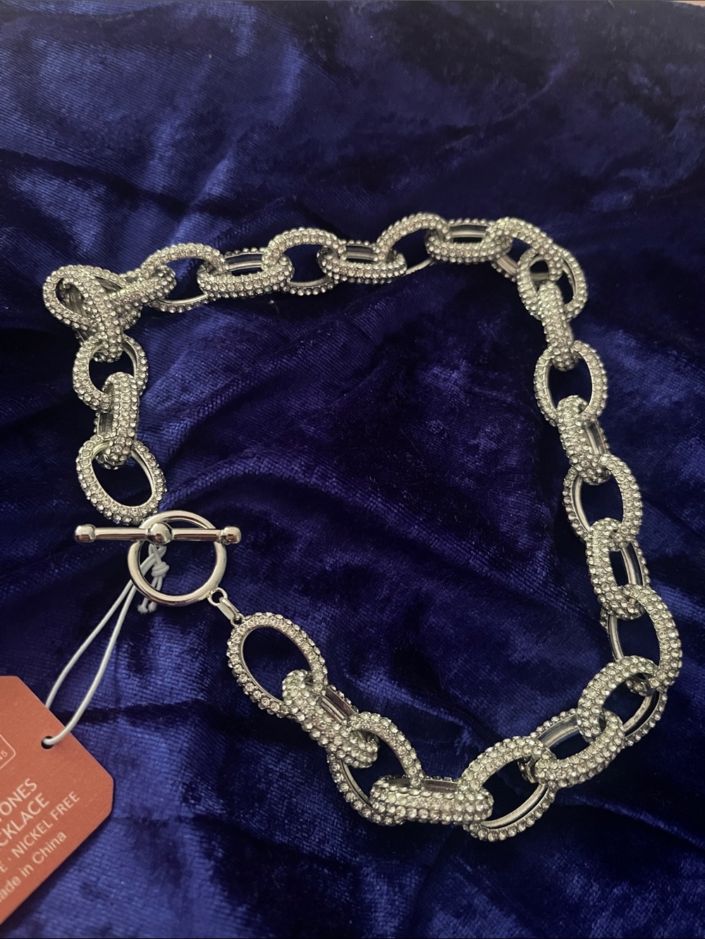 Rhinestone Pave Link Chain Necklace - Silver Tone